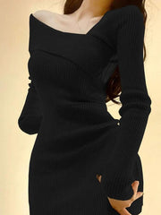 Solid Ribbed Splice Slanted Neck Knit Mini Dress