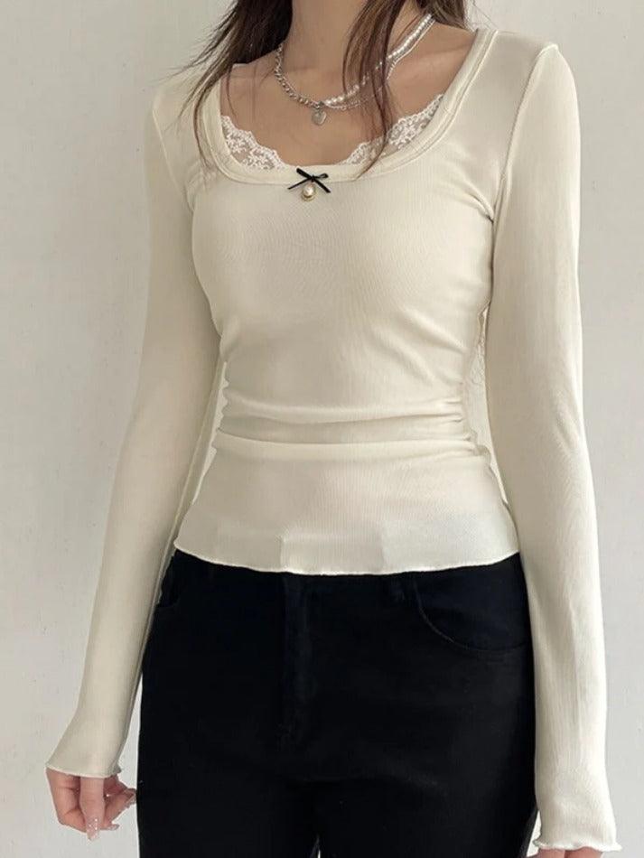 Lace Splice Bow Pearl Decor Square Neck Long Sleeve Knit