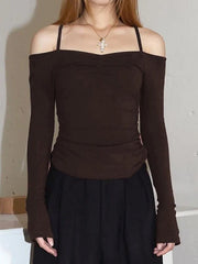 Solid Off Shoulder Ruched Halter Long Sleeve Tee
