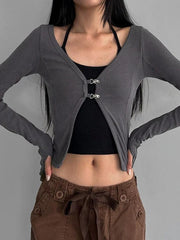 Solid Hook Up Buckle Cardigan Long Sleeve Knit