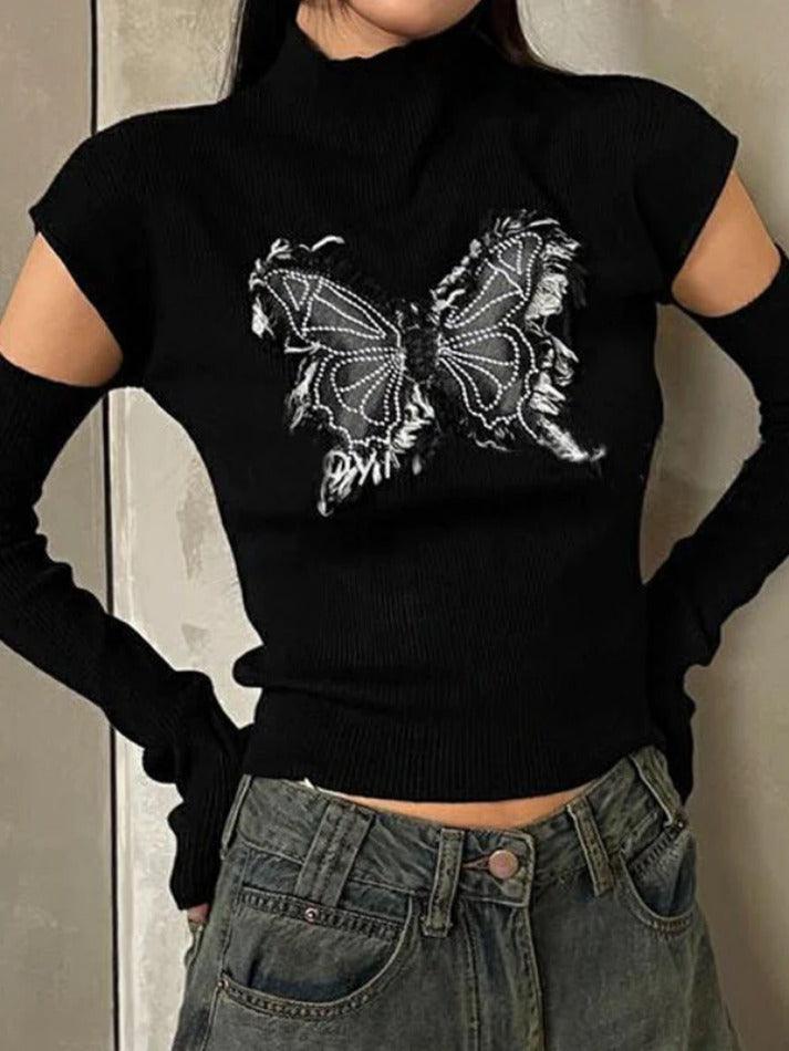 Butterfly Patch Mock Neck With Cuff Long Sleeve Knit