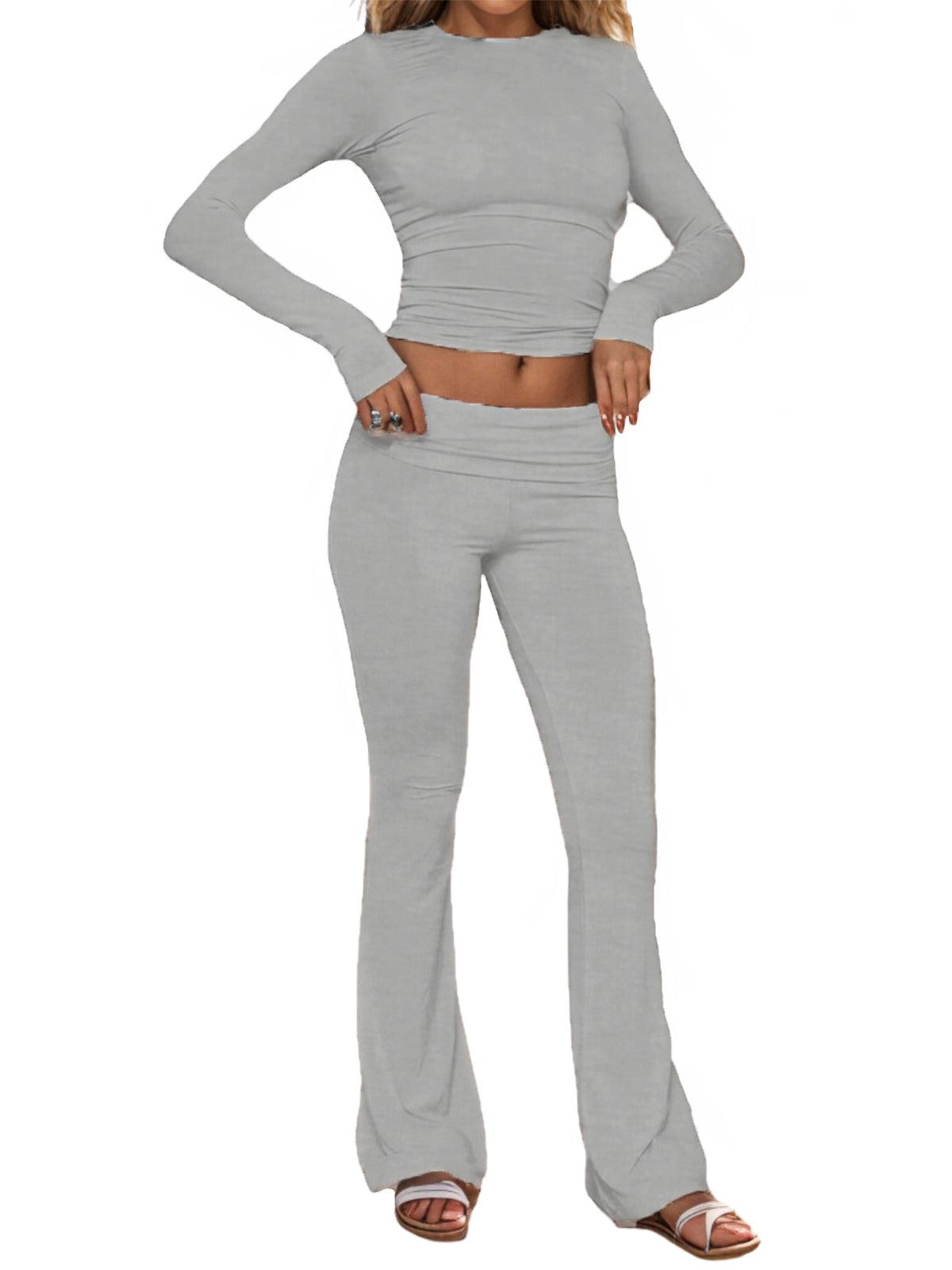 Long Sleeve Cropped Top Fold-over Flare Pants Set