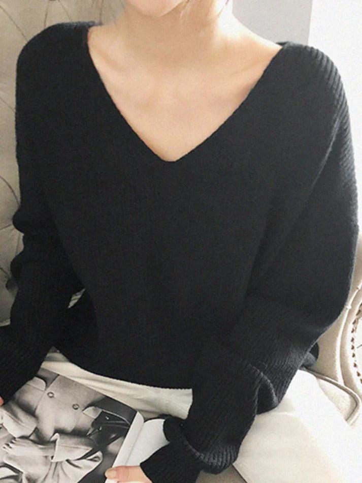 Solid V Neck Irregular Hem Baggy Knit Sweater