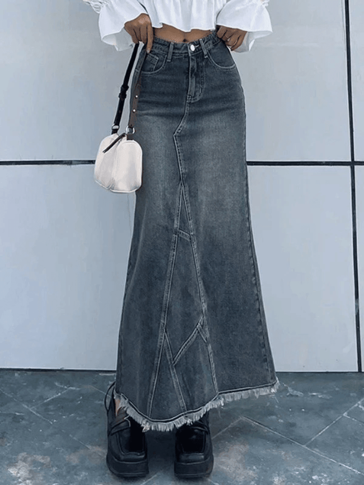 Back Slit Patchwork Long Denim Skirt