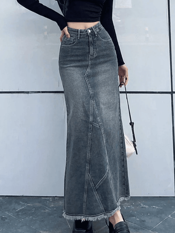 Back Slit Patchwork Long Denim Skirt