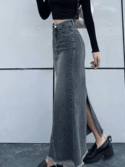 Back Slit Patchwork Long Denim Skirt