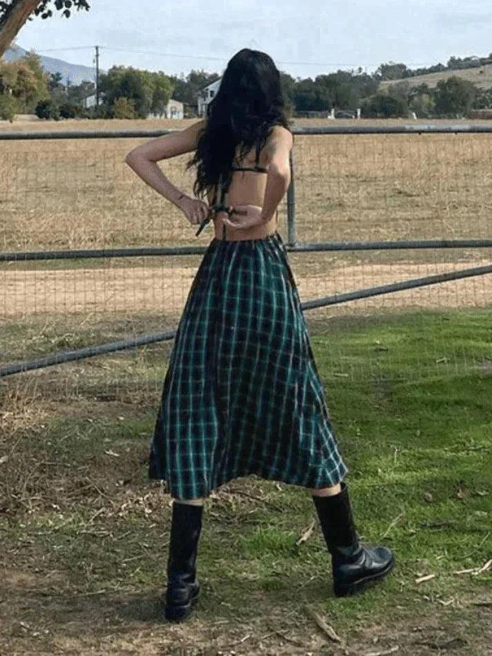 Backless Green Checkered Maxi Dress