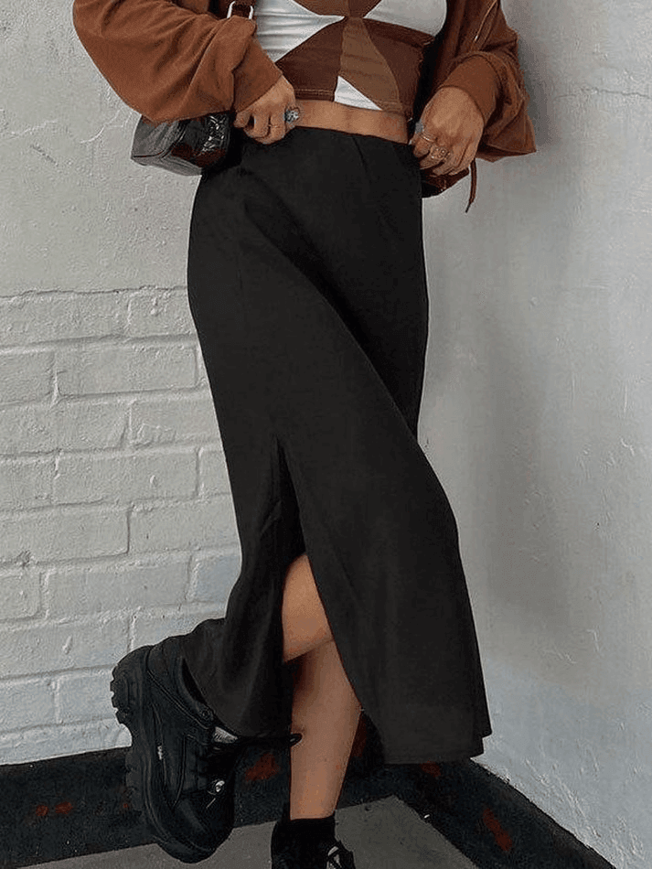 Basic Satin Split Midi Skirt