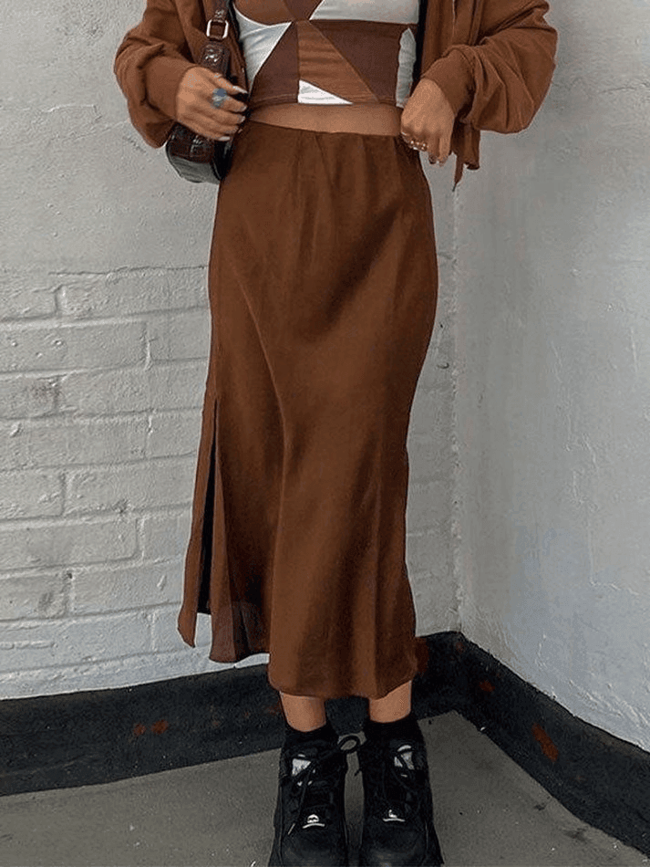 Basic Satin Split Midi Skirt