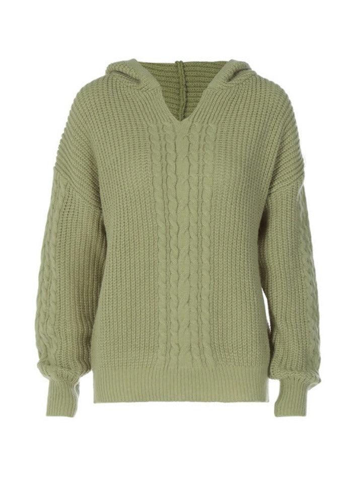 Solid Color Hooded Cable Knit Sweater