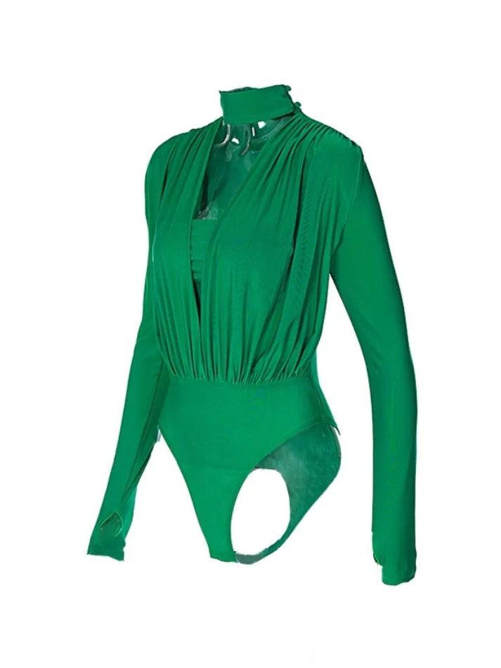 Solid Plunge Neck Splice Thumb Hole Bodysuits