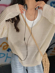 Cutout V Neck Loose Long Sleeve Knit