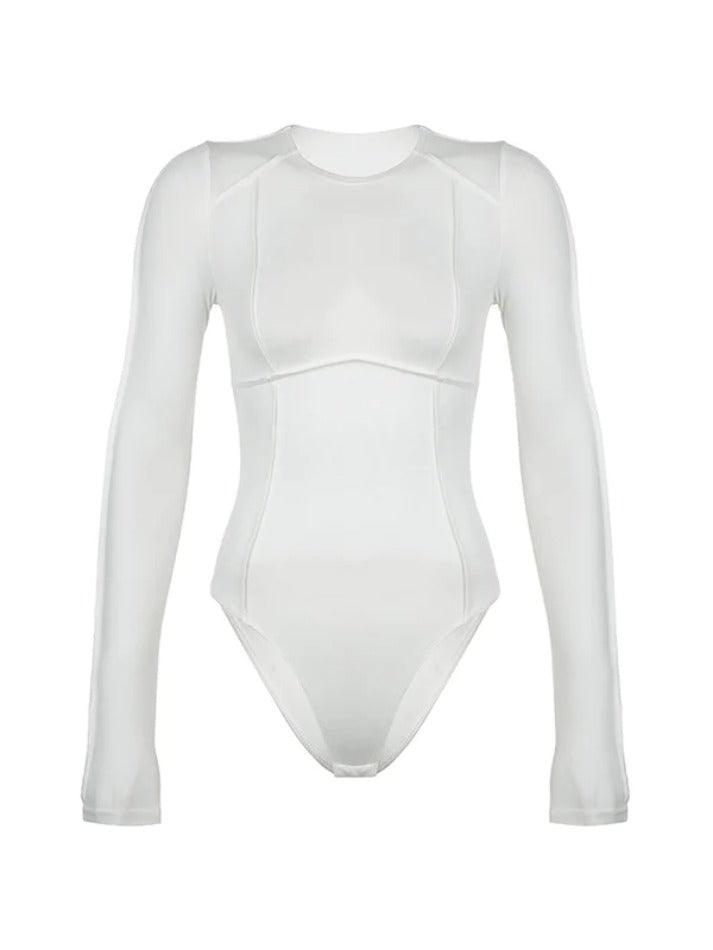 Solid Seam Detail Splice Long Sleeve Crew Neck Bodysuits