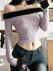 Fuzzy Trim Off Shoulder Cropped Long Sleeve Knit