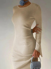 Solid Backless Crew Neck Long Sleeve Knit Midi Dress