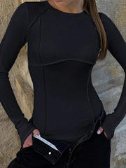 Solid Seam Detail Splice Long Sleeve Crew Neck Bodysuits