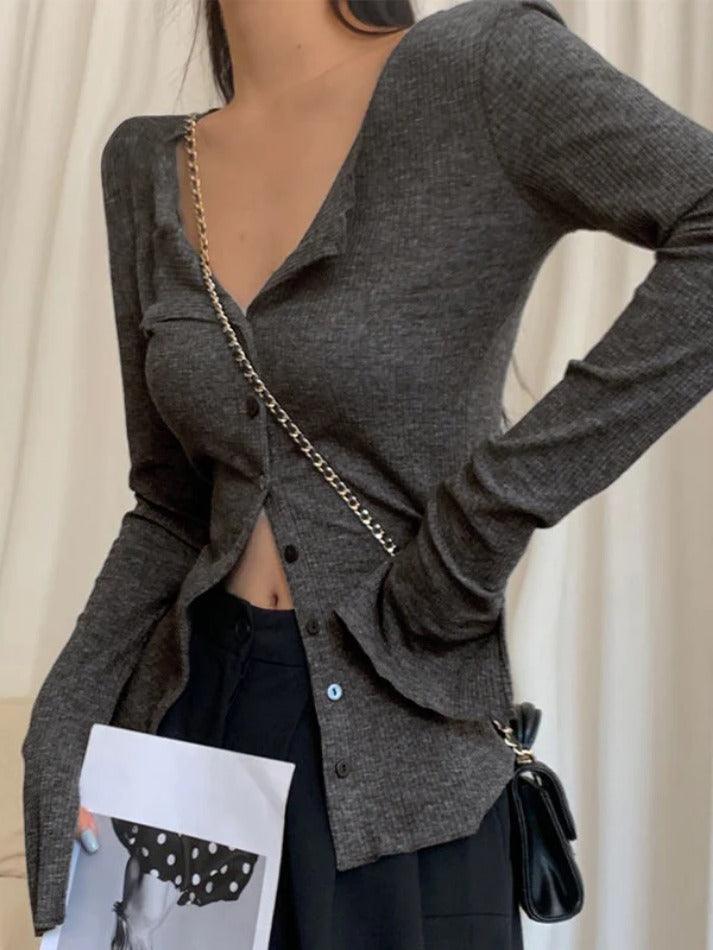 Solid Color V Neck Slit Sleeve Long Sleeve Knit