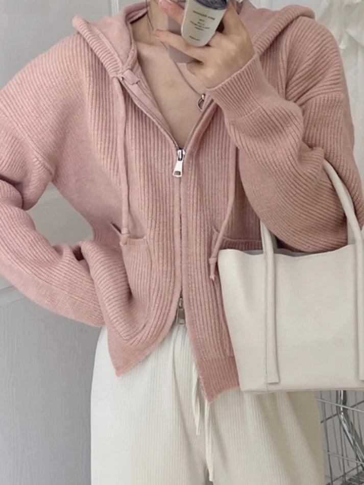 Solid Double Zip Hooded Cardigan