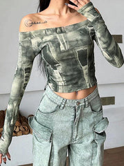Ombre Print Off Shoulder Cropped Long Sleeve Tee