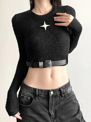 Metal Star Decor Belted Hem Cropped Long Sleeve Knit