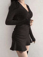 Black Ruffle Ribbed Long Sleeve Wrap Mini Dress