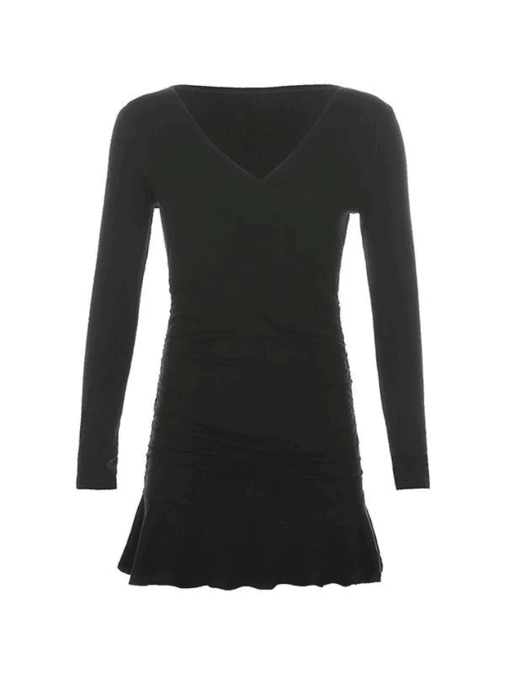 Black Ruffle Ribbed Long Sleeve Wrap Mini Dress