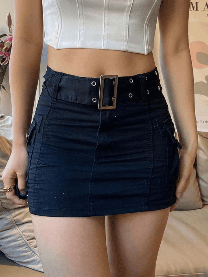 Buckle Belt Denim Cargo Mini Skirt