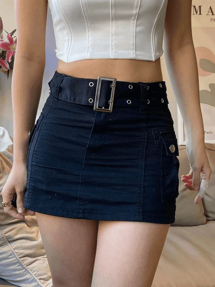 Buckle Belt Denim Cargo Mini Skirt