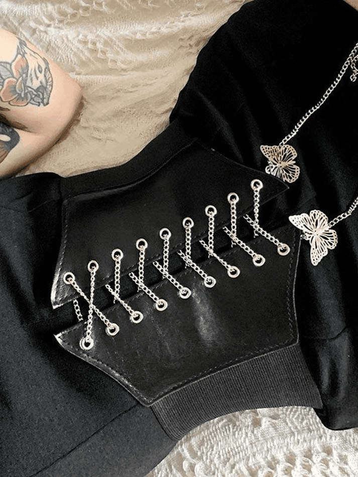 Butterfly Chain Strap Pu Leather Corset Top