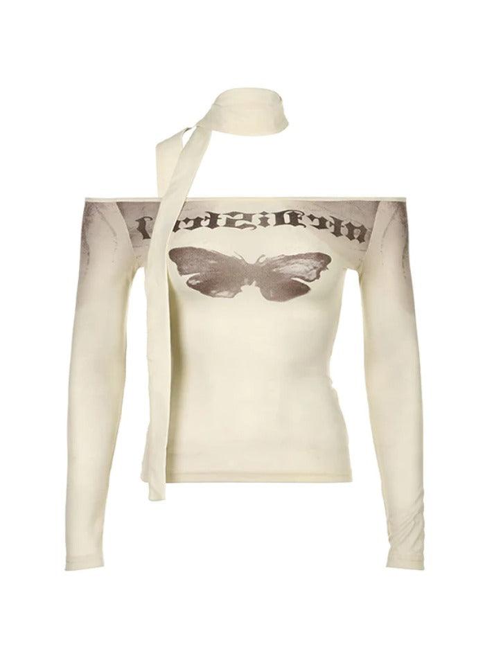 Off Shoulder Vintage Butterfly Print Long Sleeve Tee