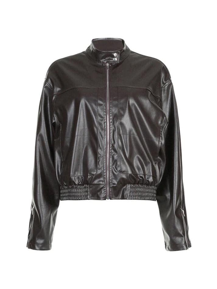 Solid Collar Neck Leather Motorcycle Jacket