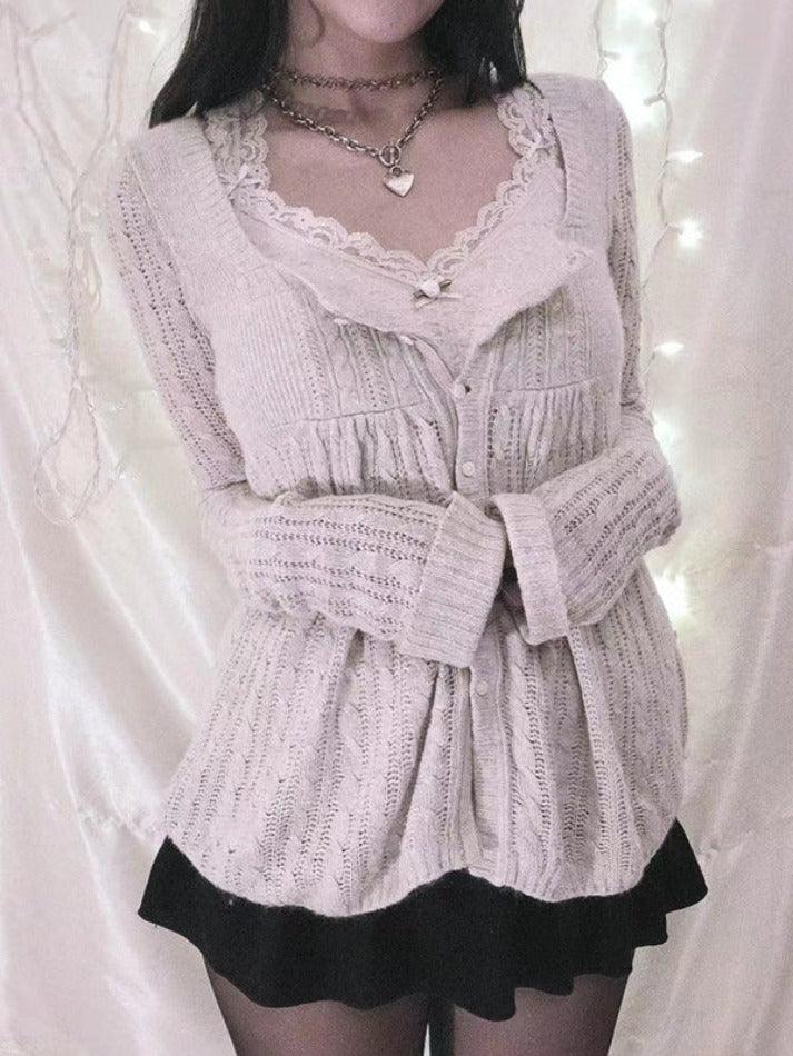 BXOXO Solid Pointelle Square Neck Knit Cardigan