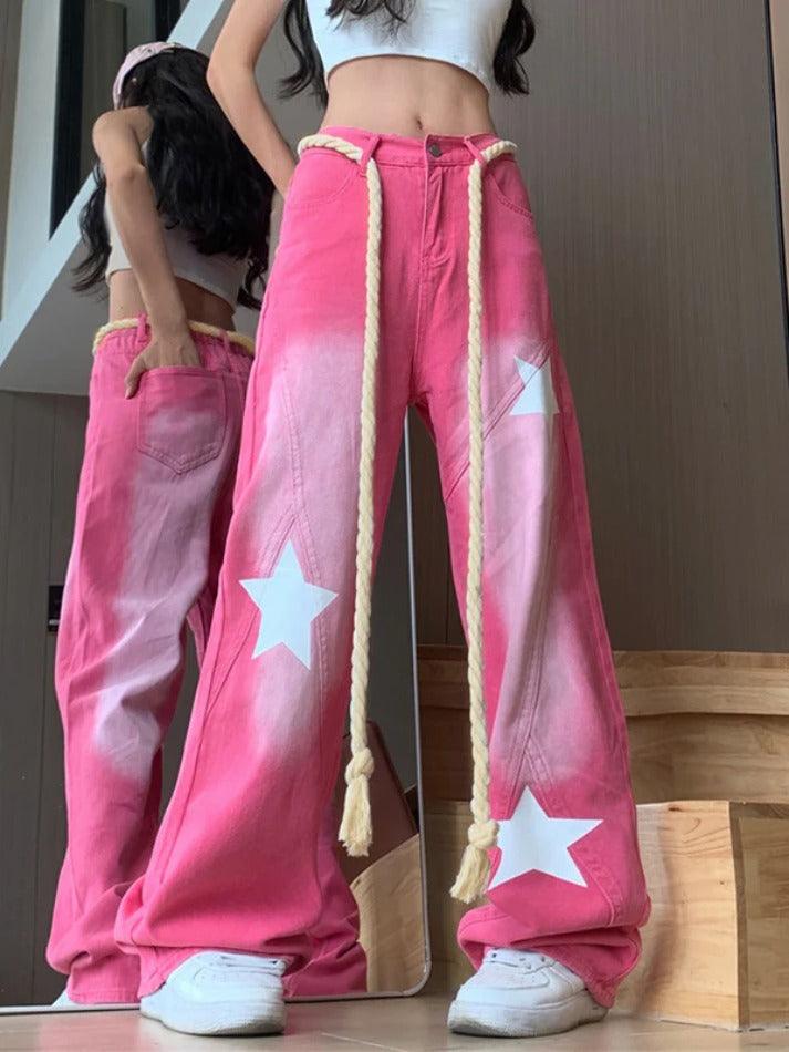 Pink Star Print Splice Boyfriend Jeans