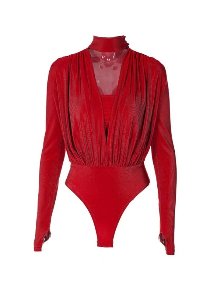 Solid Plunge Neck Splice Thumb Hole Bodysuits