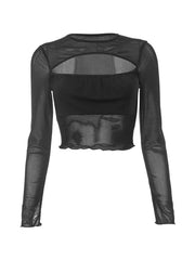 Solid Mesh Splice Cutout Cropped Long Sleeve Tee