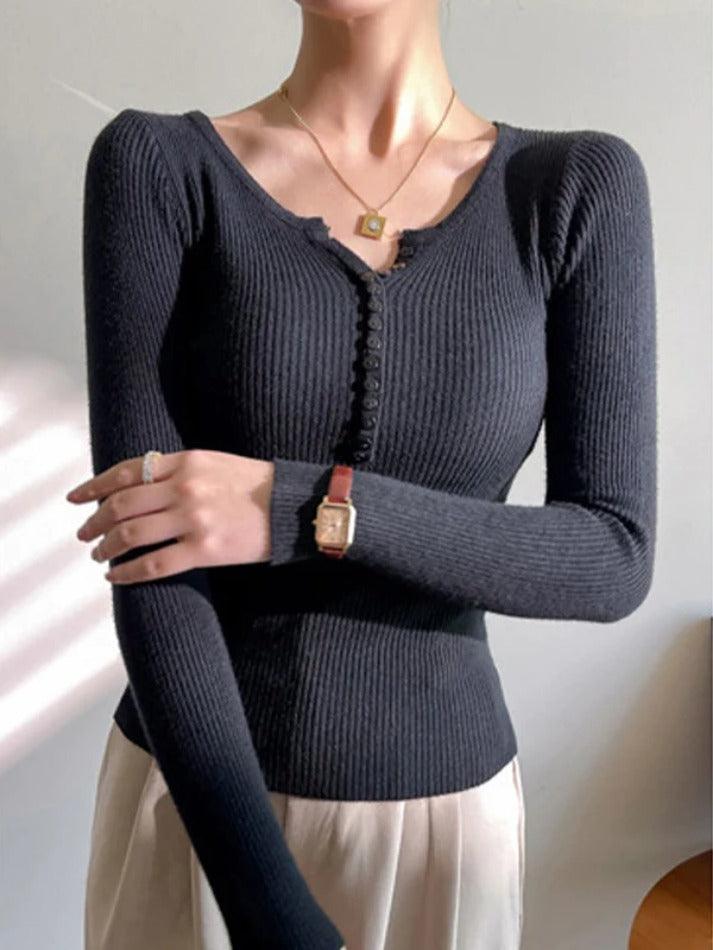 Solid Ribbed Breasted Long Sleeve Knit