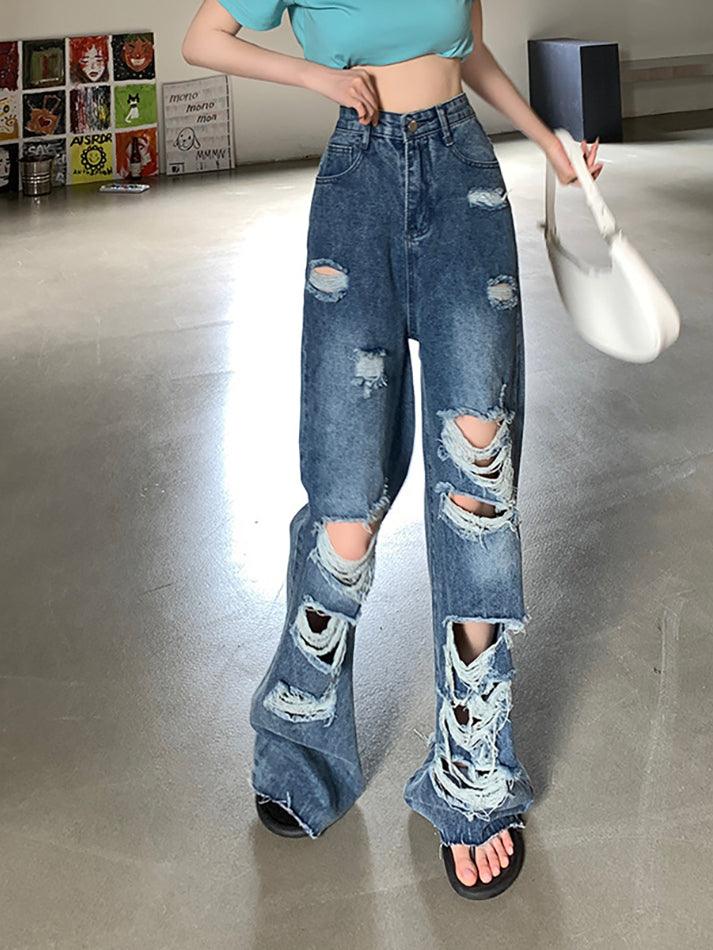 Frayed Detail High-Waist Ripped Jeans