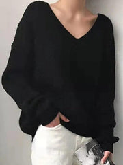 Solid V Neck Irregular Hem Baggy Knit Sweater