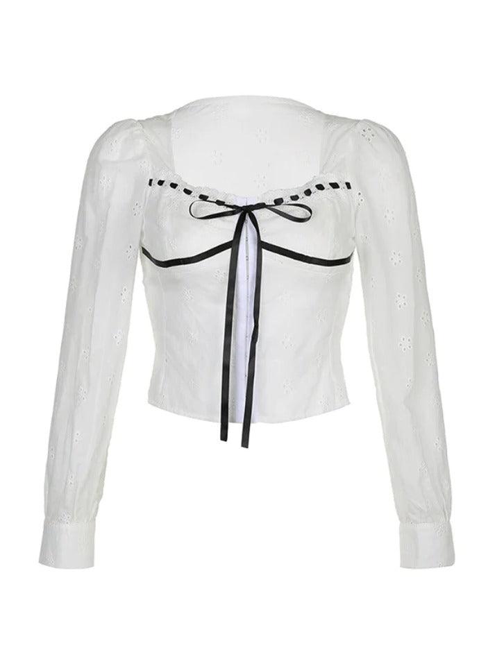 French Square Neck Lacing Ribbon Cutout Long Sleeve Blouse