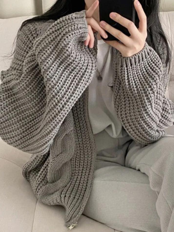 Solid Zip Up Crochet Cable Knit Cardigan