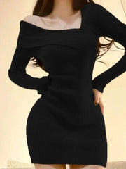 Solid Ribbed Splice Slanted Neck Knit Mini Dress