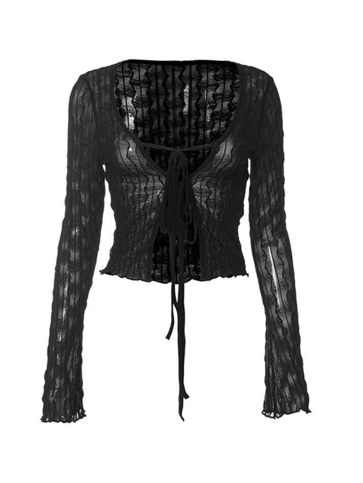 Perspective Mesh Lace Up Long Sleeve Blouse