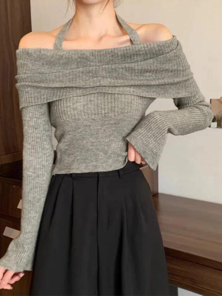 Solid Halter Ruched Cold Shoulder Sweater