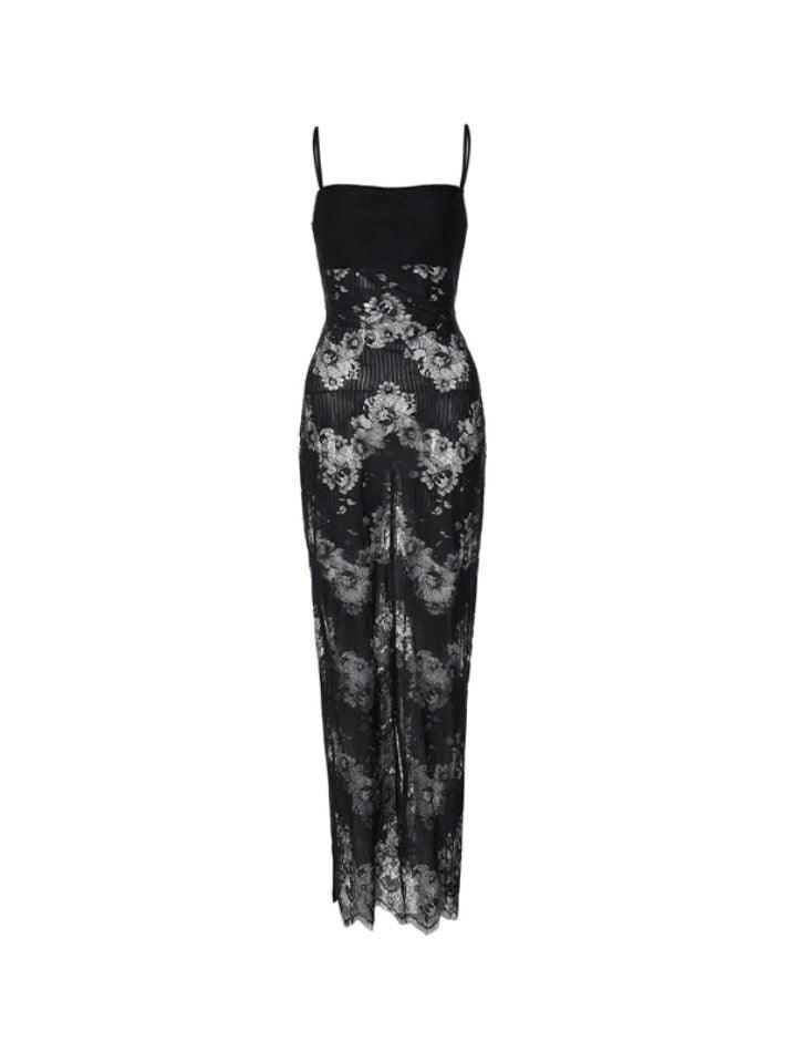 Perspective Lace Backless Lacing Slim Maxi Dress