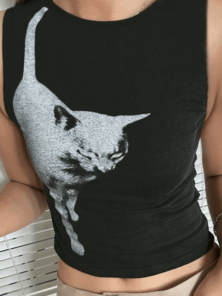 BXOXO Cat Print Cropped Tank Top