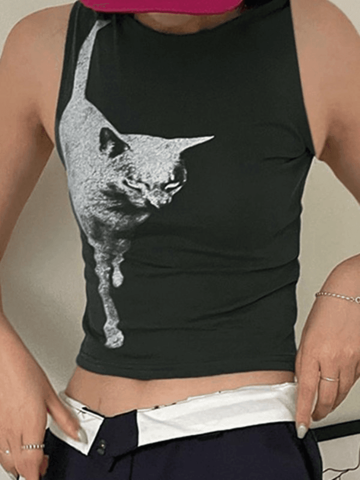 BXOXO Cat Print Cropped Tank Top