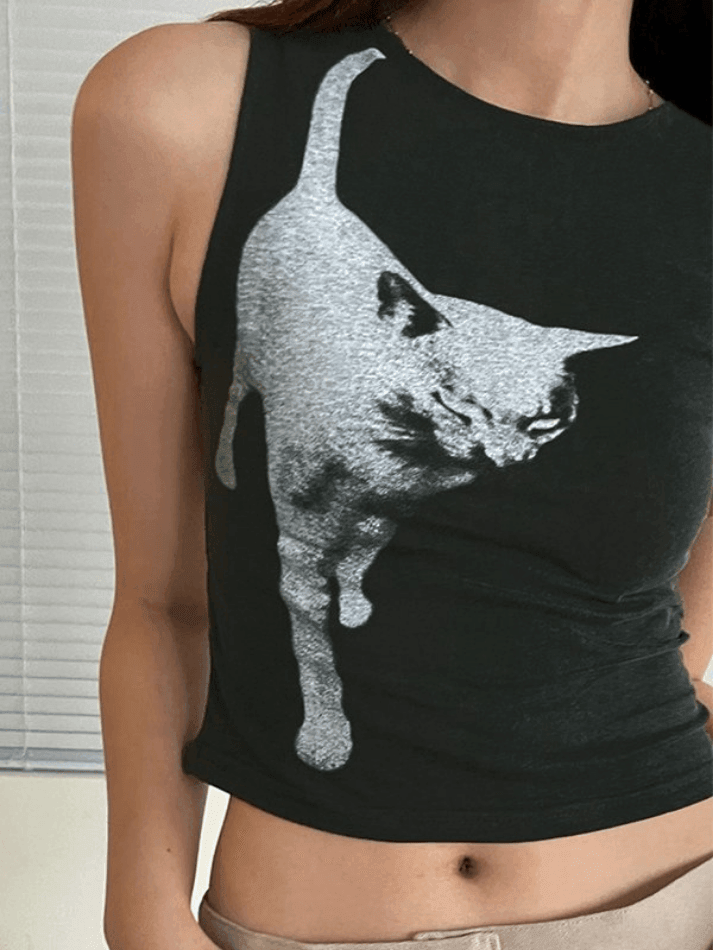 BXOXO Cat Print Cropped Tank Top