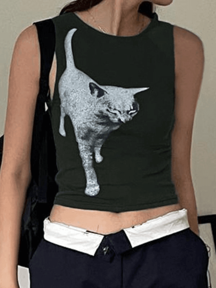 BXOXO Cat Print Cropped Tank Top