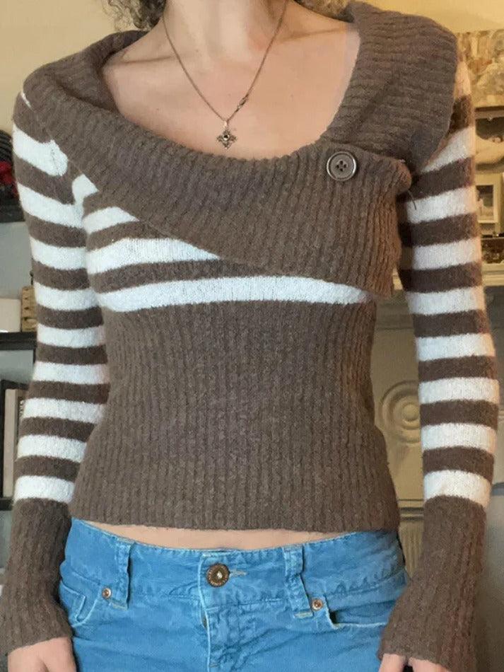 Contrast Color Striped Splice Big Lapel Neck Slim Sweater