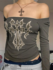 Cross Print Square Neck Low Cut Long Sleeve Tee